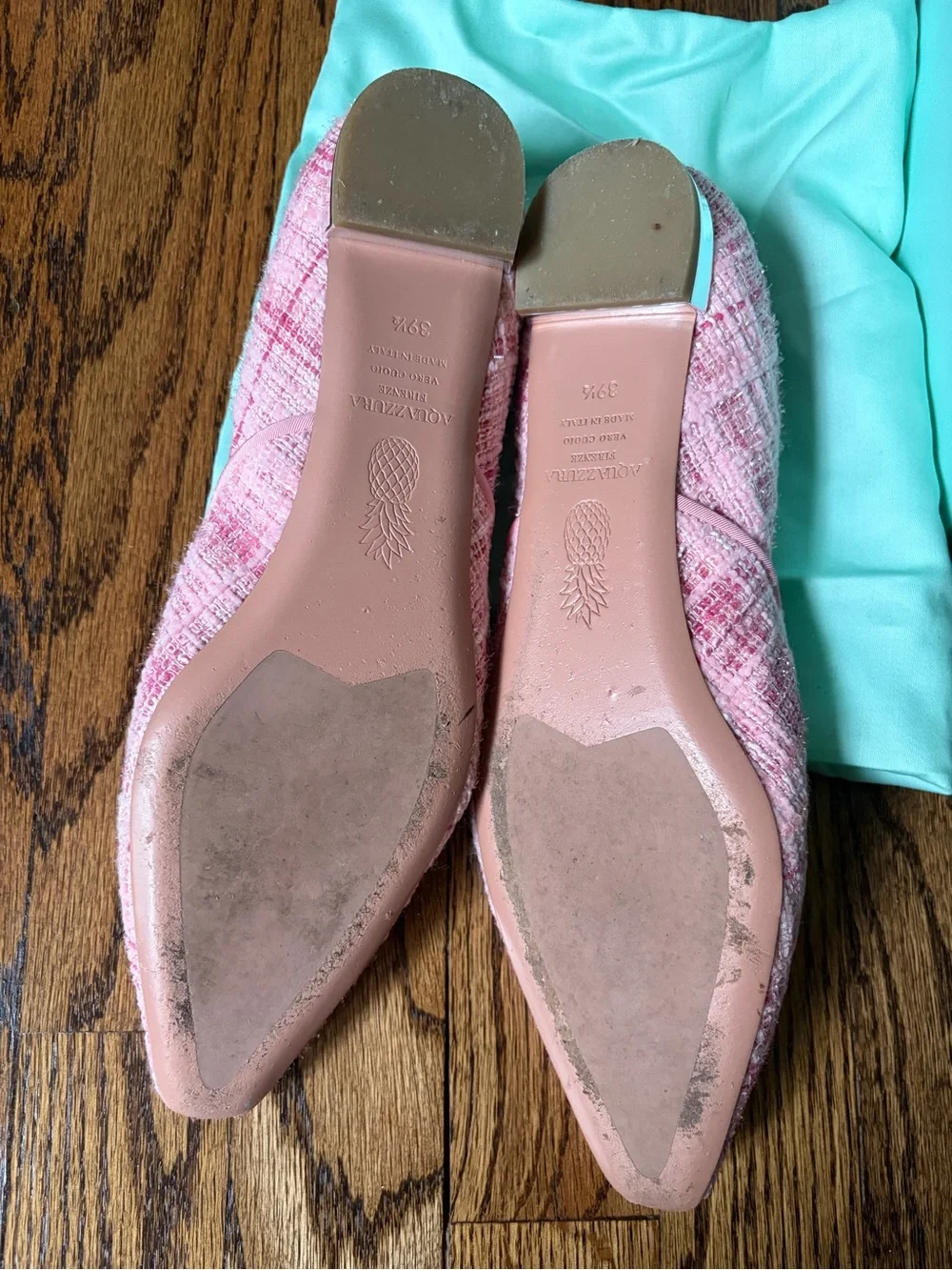 Aquazzura Maia Pink Tweed Pointed Flats with Silver Accent